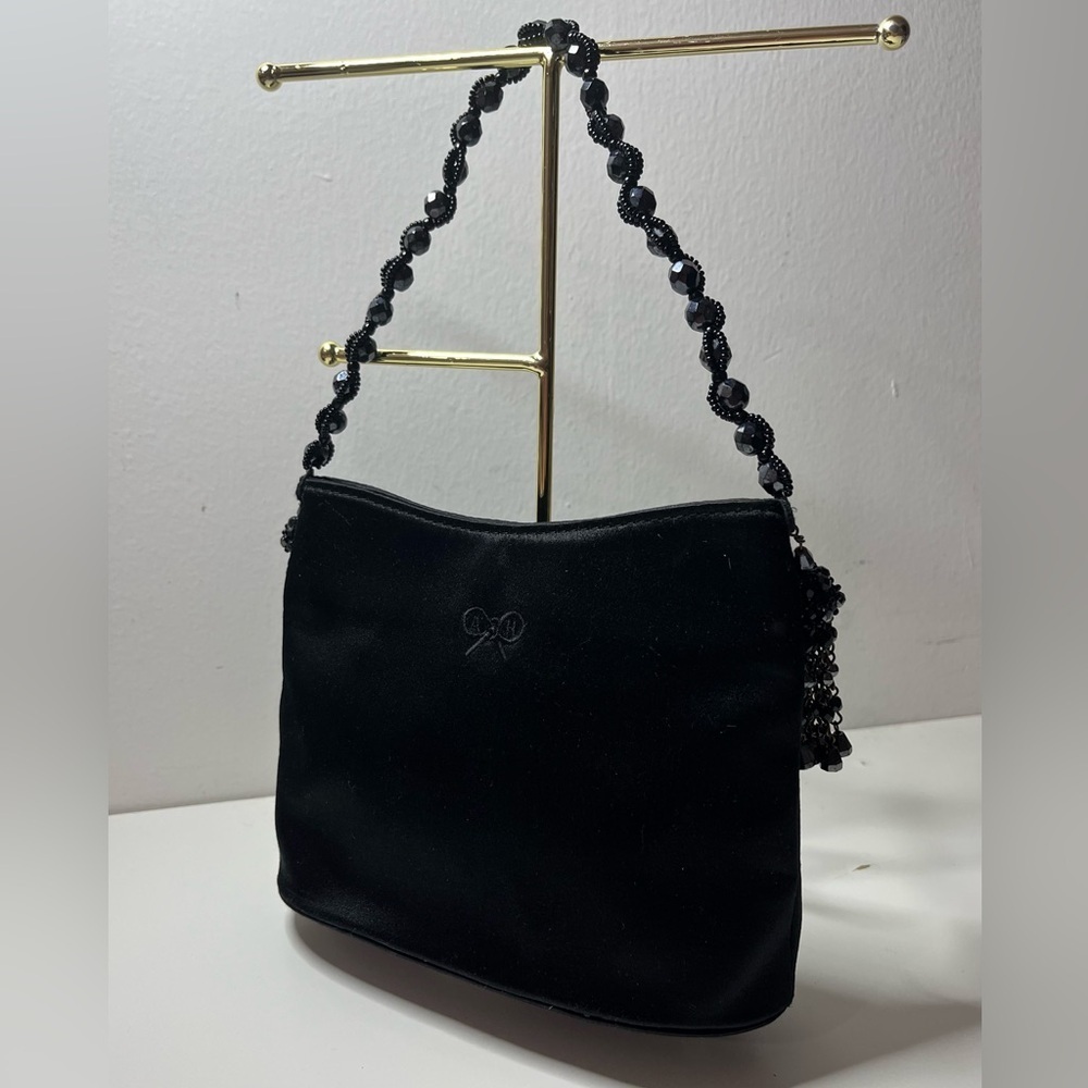 Anya Hindmarch Black Satin Beaded Mini Shoulder Bag Tassel Evening Y2K England - Picture 4 of 12